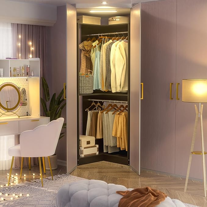 Armocity Corner Closet System, 32 Inches Wide Wood Corner Unit with 2 Hanging Rods and All Hardware Kits, 3-Tier 80'' Height Corner Wood Closet Tower, Black