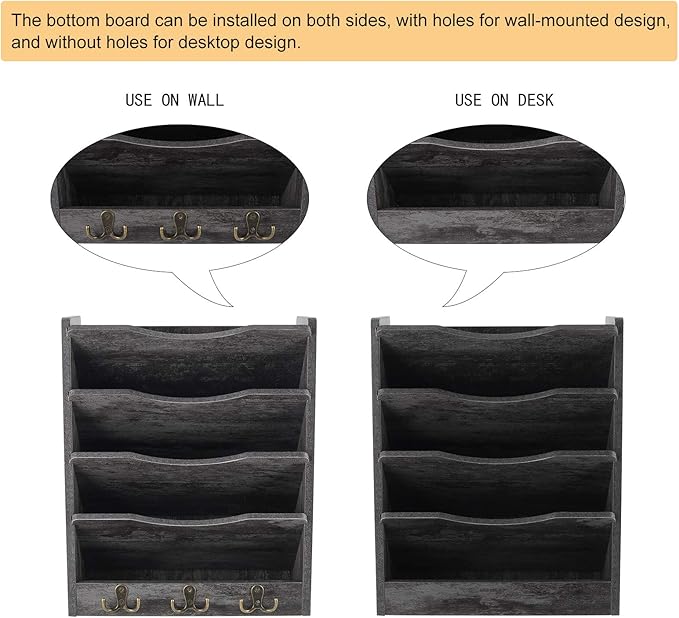 PAG 5-Tier Wall File Holder Hanging Mail Organizer Wood Magazine Literature Rack with 6 Hooks, Dark Gray