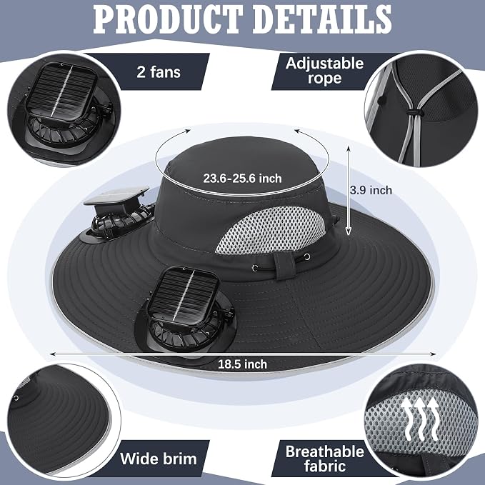 Glitopper 2 Pcs Solar Fan Hat with 2 Fan Wide Brim Removable Face Cover Cooling Fishing Buckets Hats