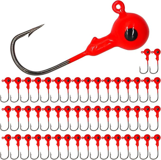 50pcs Fishing Jig Heads Set, Red Round Ball Fishing Hooks for Saltwater Freshwater Swimbait Bass, 1/8oz 1/6oz 1/4oz 1/19oz