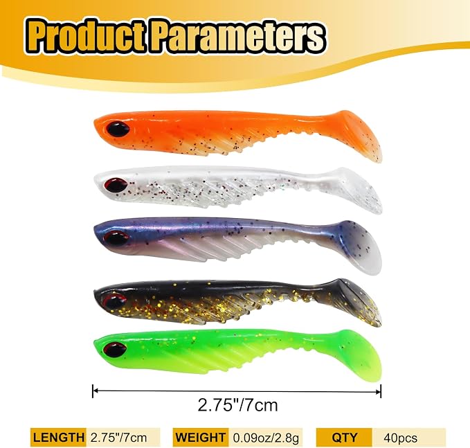 Fishing Soft Lures Paddle Tail Swim Baits Plastic Baits Crappie Walleye Trout Bass Fishing Baits for Jig Heads Saltwater/Freshwater 40PCS