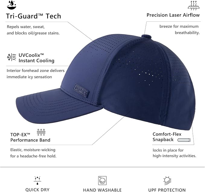 TOP-EX Performance Baseball Cap Water-Resistant Beathable Golf Running Cap Laser Cut Mesh Ball Curved Brim Snapback Hat