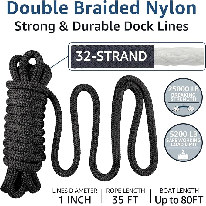 2 Pack 1" x 35' Dock Lines - Marine Grade Nylon Boat Rope with 24" Loop for Docking and Mooring - Double Braided Boat Lines, High Strength, Heavy Duty, Easy Handling, Fray Resistant - Black
