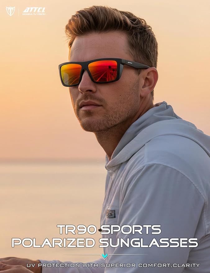 ATTCL Sports Polarized Sunglasses for Men: Secure Anti-Slip Lightweight TR90 Square Frame UV Protection for Driving Fishing