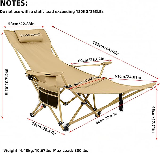 Reclining Camping Chair with Footrest, 4-Position Adjustable Back Folding Lounge Chair for Adult | Heavy-Duty Beach Chairs with Cup Holder & Carry Bag for Beach, Camping, Backyard, Fishing