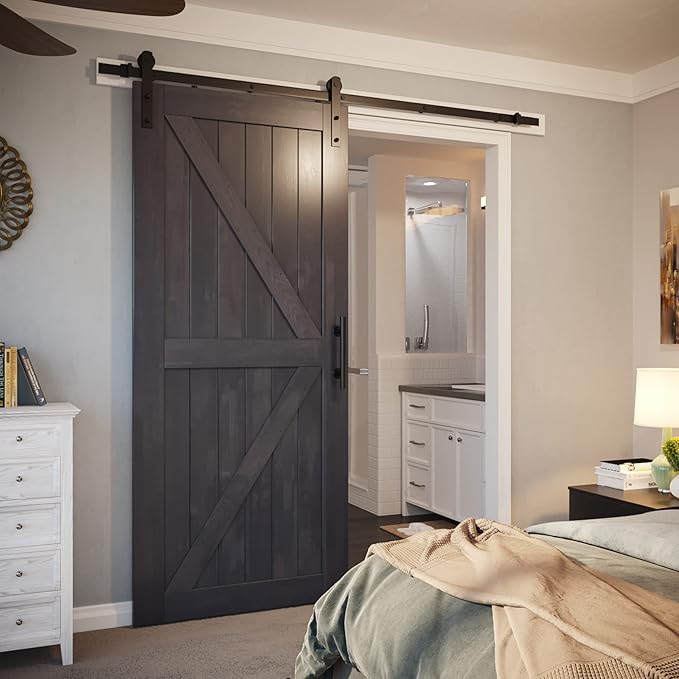 SMARTSTANDARD 7ft Barn Door Hardware Kit, Sliding Door Hardware, Black, Fit 42" Wide Door Panel (I Shape Hanger)