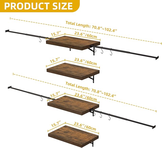 DWVO Closet Organizer System, Wall-Mounted Garment Rack Walk In Closet System, 4 Expandable Hanger Rods 4-Tier Wood Closet Storage Shelves with Backplane, Fits 6-9 ft Space, Black
