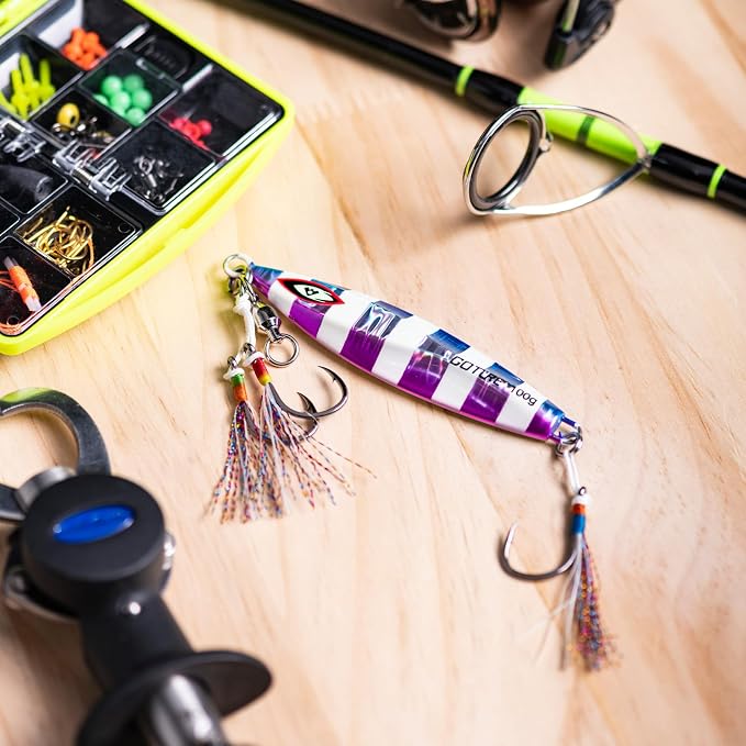 Goture Slow Pitch Jigs, Glow Flat Fall Jig Fishing Lure with Double Assist Hooks and Swivel, Fishing Jigs Saltwater 40g-250g Deep Sea Fishing Jigging Lures for Tuna,Dogtooth Tuna, Yellowtail,Kingfish