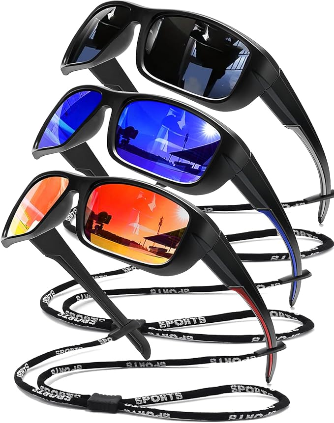 3Pack Polarized Sports Sunglasses for Men, Wrap Around Frame UV400 Goggles Sun Glasses for Cycling Fishing Driving