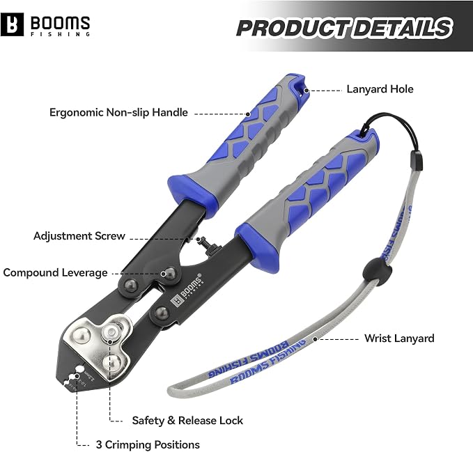 Booms Fishing Crimping Pliers Tool: 8.8in Crimper for Wire & Mono Lines up to 2.2mm - Compatible with Oval & Double Barrel Sleeves - XW42 Rigging Tool for Serious Anglers & Tackle Makers