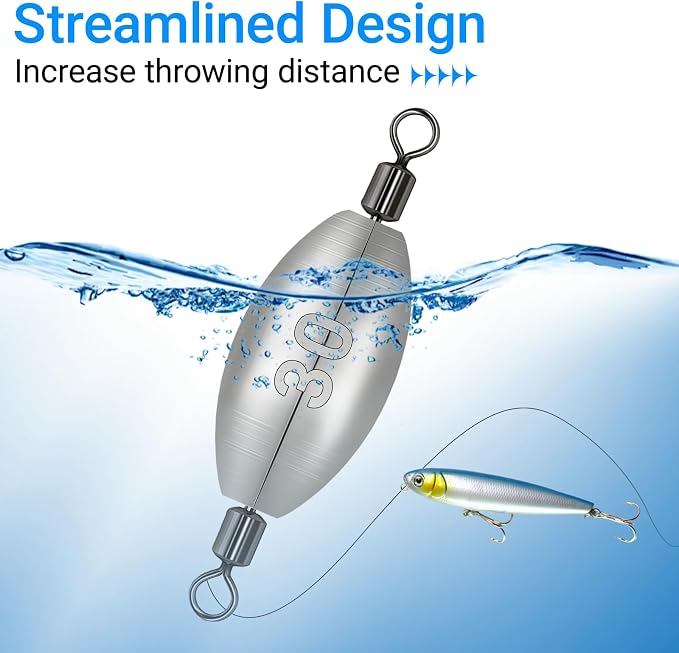 Inline Trolling Weights with Swivel, Fishing Sinkers for Catfish Bass Saltwater Freshwater, Anti-Twist Smooth Rolling Egg Sinker Design, Assorted Sizes Fishing Weights Kit