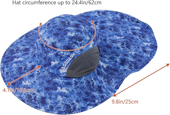 BASSDASH UPF 50+ Unisex Water Resistant Wide Brim Sun Hat with Large Neck Flap Ponytail Fishing Hat for Men Women