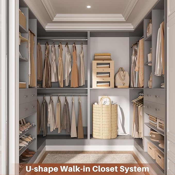 Closet System with 4 Drawers & Corner Tower, Closet Organizer System with 4 Hanging Robs, Reversible U Shaped Walk-in Closet System, Load 2600+LBS Capacity, Set of 4, Morandi Grey