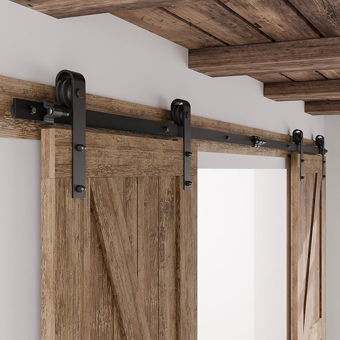 CCJH 19FT Sliding Barn Door Hardware Kit, Heavy Duty, Smoothly and Quietly, Easy to Install, Fit 57" Width Double Door Panel, Basic Style Hangers Black