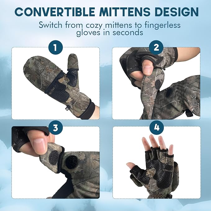 Riverruns Winter Fishing Gloves Convertible Mittens and Fingerless Gloves for Men Women, Ideal for Ice Fishing, Photography, Hunting, Outdoor Use