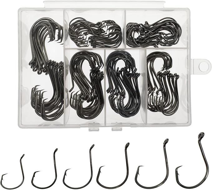 Afmivs Fishing Hooks Saltwater, 160PCS Circle Hooks Saltwater, Fish Hooks for Fishing Gear Tackle, Catfish Octopus Hook #1 1/0 2/0 3/0 4/0 5/0 6/0 8/0 Black High Carbon Steel with Portable Plastic Box