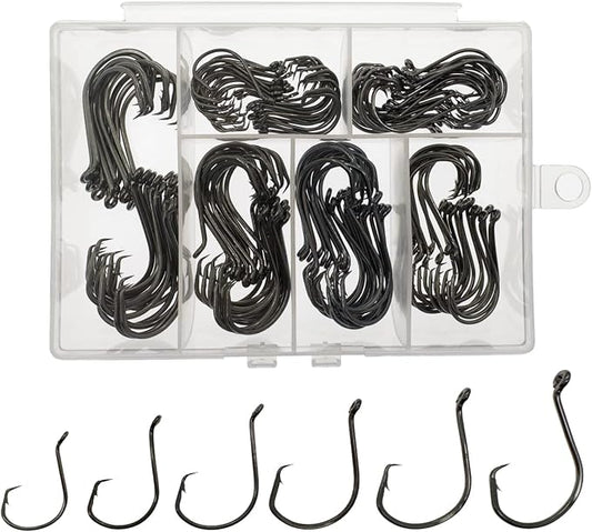 Afmivs Fishing Hooks Saltwater, 160PCS Circle Hooks Saltwater, Fish Hooks for Fishing Gear Tackle, Catfish Octopus Hook #1 1/0 2/0 3/0 4/0 5/0 6/0 8/0 Black High Carbon Steel with Portable Plastic Box
