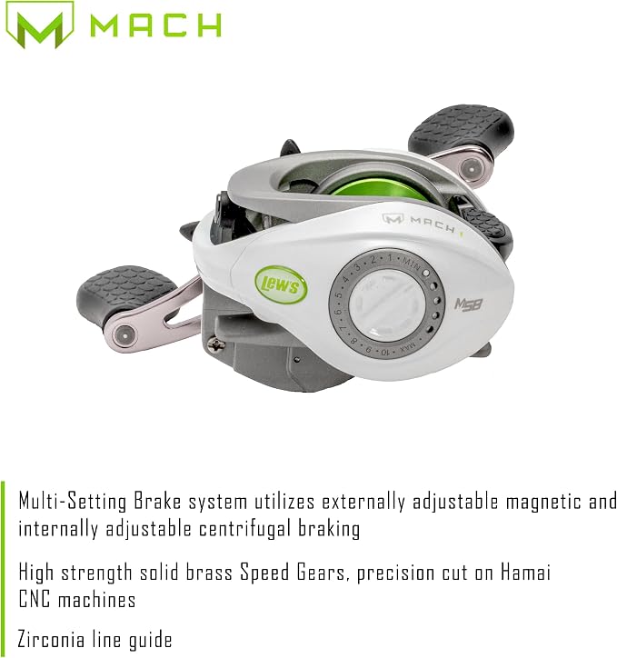 Lew’s MACH 1 Baitcast Fishing Reel, 7+1 Bearings, 7.5:1 Gear Ratio, Graphite Frame and Sideplate, Multi-Setting Brake, Speed Gears, White/Gray/Green
