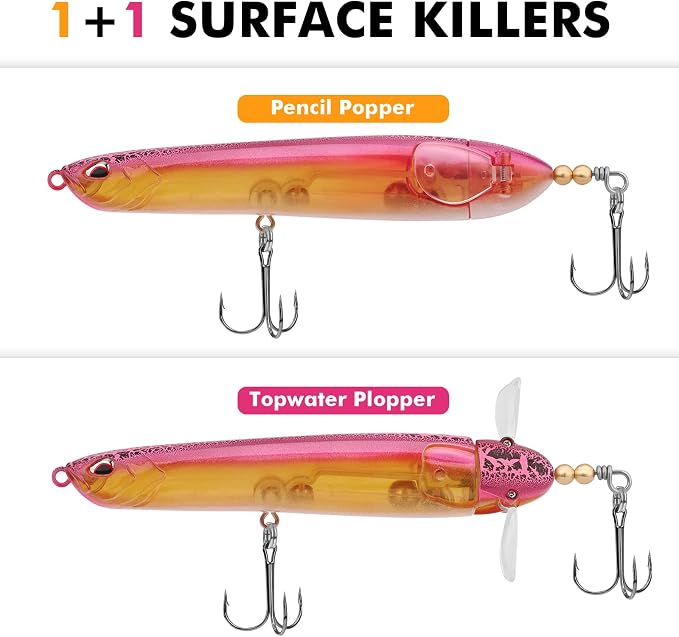 TRUSCEND Popobait Easy Catch Fishing Lures with BKK Hooks, Instant Startup, Longer Cast, Balanced Spray/Sound/Swim, Plopper Topwater Lures for Bass, Trout, Pike, Walleye, Freshwater Saltwater Fishing