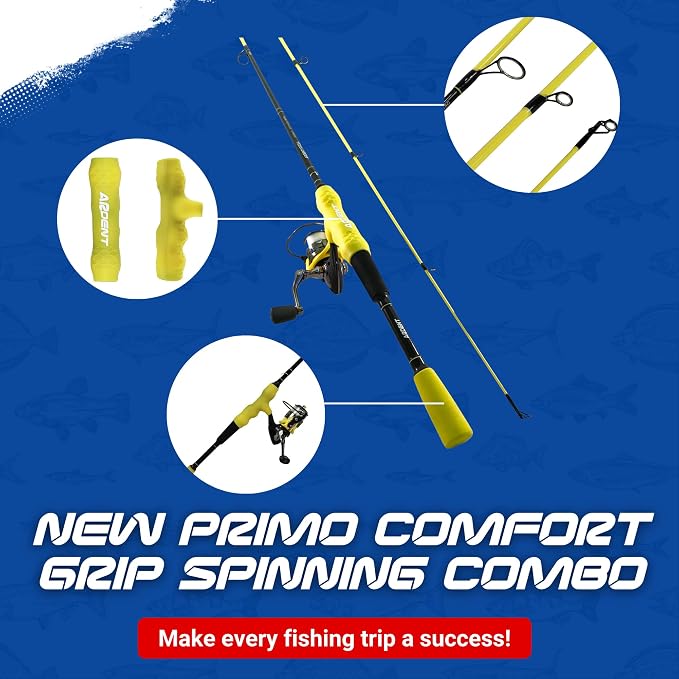Ardent Primo Comfort Grip Fishing Rod and Reel Combo, Yellow, 5.1:1 Gear Ratio and 4+1 Ball Bearings, 2000 Size Reels, Reduce Hand Fatigue and Irritation, Spinning Pole for Freshwater Fish
