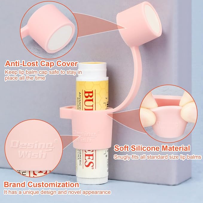 Silicone Chapstick Holder with Cap Cover, 0.6'' Diameter Portable Lip Balm Holder Key Chain Sleeve Chapstick Keychain Holder with Wrist Strap Lanyard - Pink