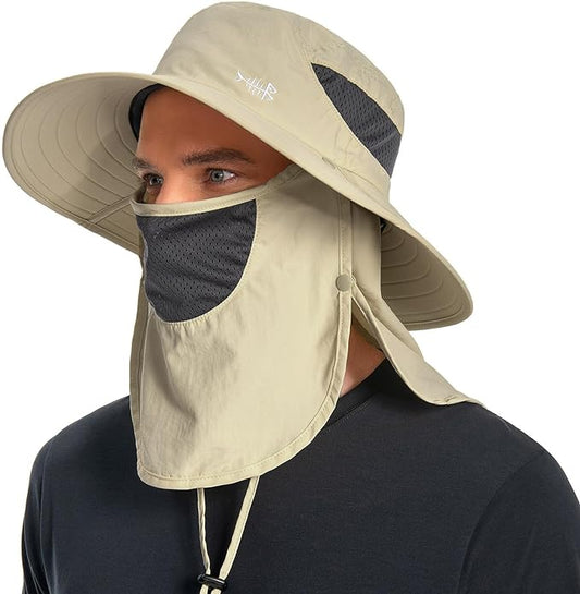 BASSDASH UPF 50+ Breathable Sun Hat with Removable Face Cover and Neck Flap Wide Brim Bucket Hat for Fishing Hiking Men Women