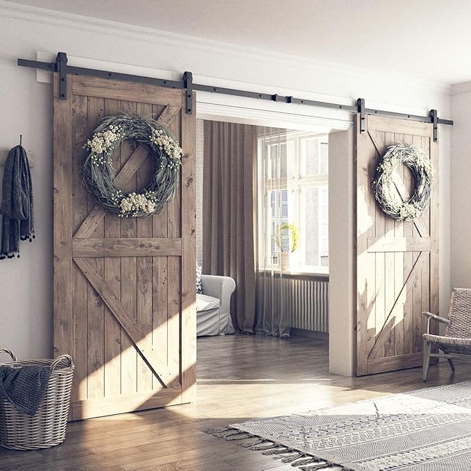 SMARTSTANDARD 13 FT Double Barn Door Hardware Kit, Sliding Door Track-Smoothly and Quietly -Includes Detailed Installation Fit 36"-40" Wide Door Panel(J Shape Hanger) Black