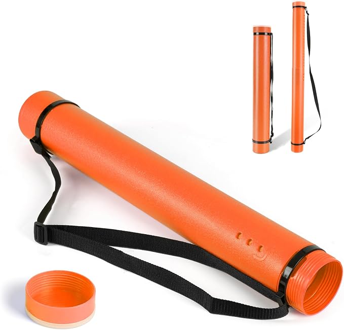 DEWEL Poster Tube, Waterproof Poster Holder Plastic Expandable Poster/Art/Document Storage Tube 24.5" to 40", Adjustable Poster Storage Blueprint Holder with Carrying Strap (Orange-Large Size)