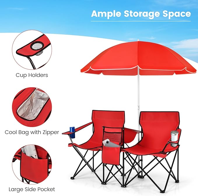 Tangkula Double Camping Chairs with Umbrella, Portable 2 Seat Folding Camp Chair with Cooler Bag, Beverage Holder, Carrying Bag, Foldable Lawn Chair for Outside, Fishing, Picnic, Beach