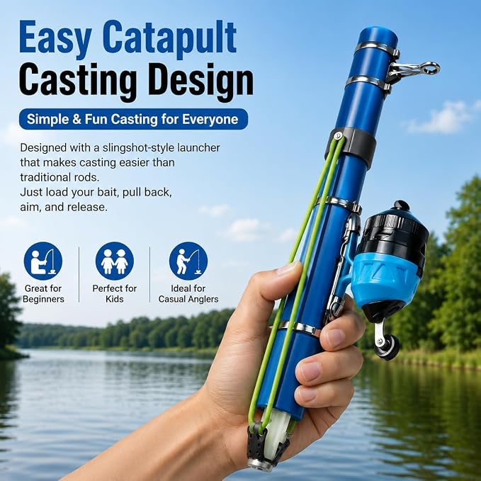 Catapult Fishing Rod Combo with Spincast Reel & Complete Tackle Kit, Slingshot Casting System, 15-25M Distance for Beginners