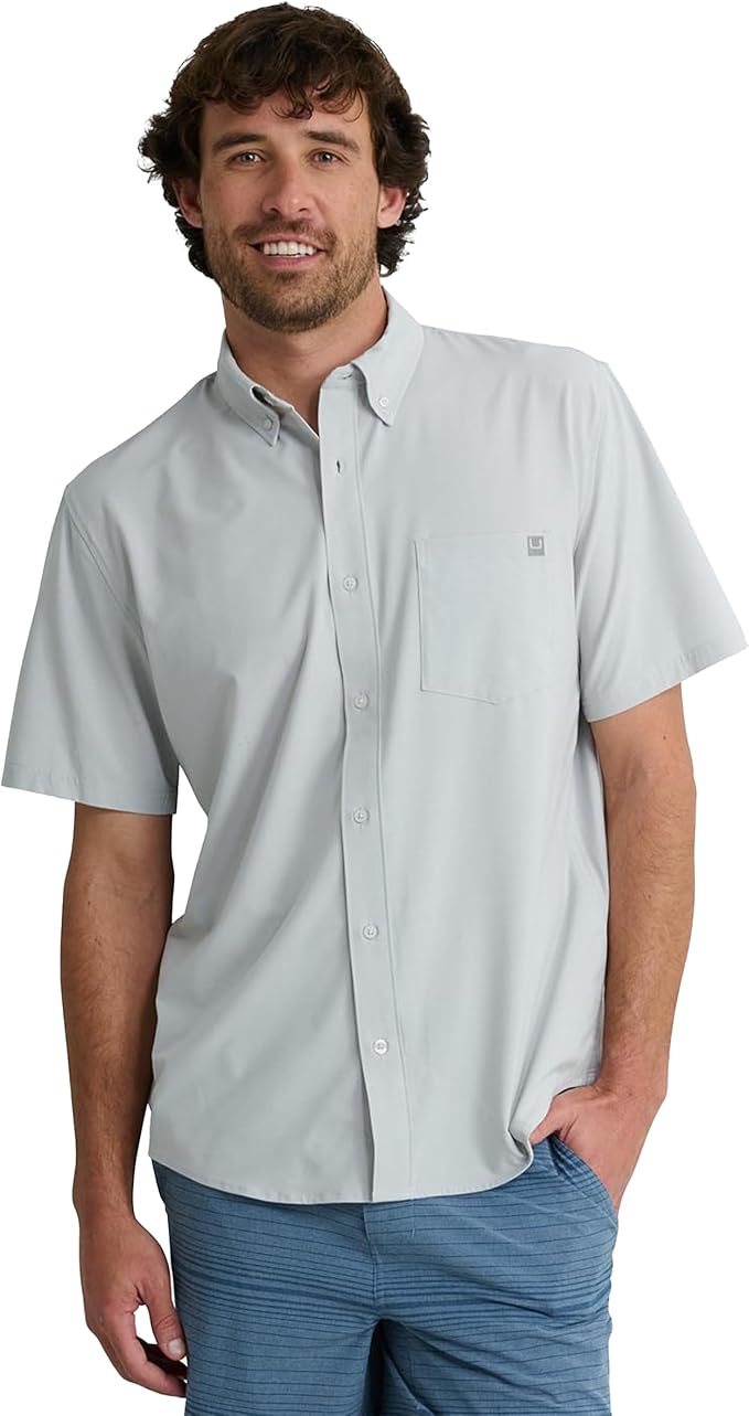 HUK Mens Kona Solid Short Sleeve Fishing Button Down Shirt for Men, Fresh Salmon, 3X-Large
