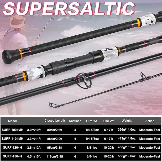 Sougayilang Surf Fishing Rod Portable Travel MH/H Surf Spinning Rod 4 Piece Carbon Fiber Saltwater Fishing Rod 10'/11'/12'/15'