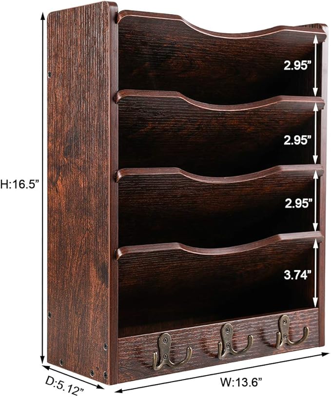 PAG 5-Tier Wall File Holder Hanging Mail Organizer Wood Magazine Literature Rack with 6 Hooks, Brown