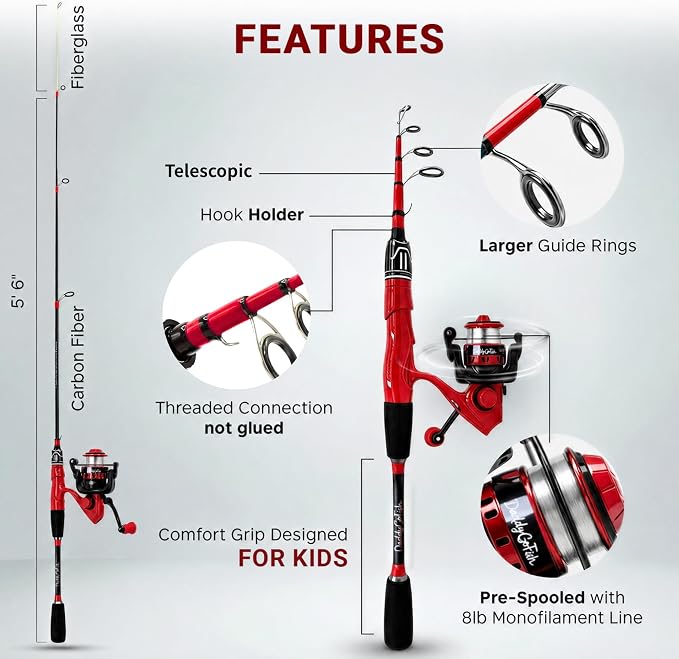 DaddyGoFish Spinning Fishing Rod and Reel Combo Set with Tackle Box | Kids Fishing Pole | Carbon Fiber Telescopic Fishing Rod Kit | Spinning Reel for Travel Saltwater Freshwater Fishing Gear Kit