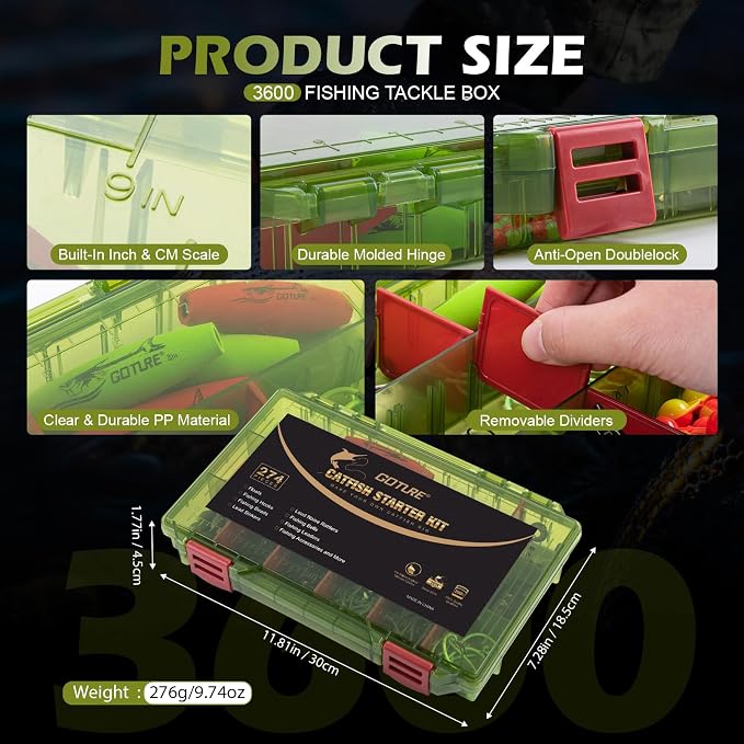 Goture Catfish Rig Making Kit,274pcs/300pcs Catfishing Tackle with Luminous Fishing Hook Swivel Sinker Weights Rattle Float Bobber Stoppers,Catfish Rigs Accessories with 3600 Tackle Box,Gifts for Men