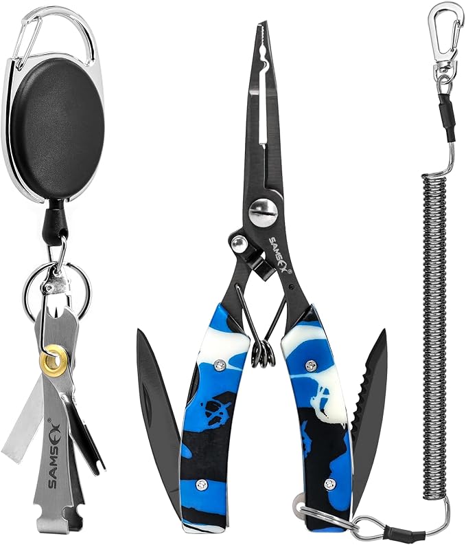 SAMSFX Locking Fishing Pliers Saltwater Resistant Teflon Coated Briad Line Cutters with Wire Coiled Lanyard, Sheath & Quick Knot Tool Combo