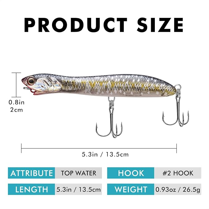 TRUSCEND Popobait Easy Catch Fishing Lures with BKK Hooks, Instant Startup, Longer Cast, Balanced Spray/Sound/Swim, Plopper Topwater Lures for Bass, Trout, Pike, Walleye, Freshwater Saltwater Fishing