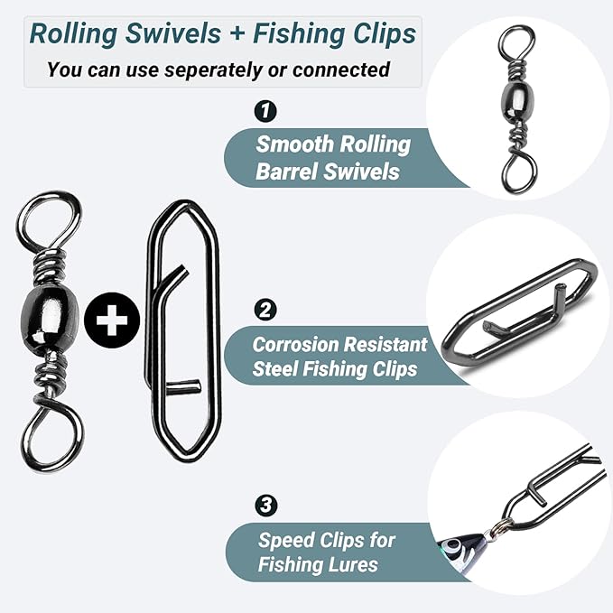 AMYSPORTS Heavy Strength Fishing Snap Stainless Saltwater Freshwater Fishing Swivel Clip Rolling Barrel Fishing Clips Swivels Speed Change Black Nickel