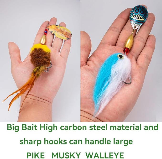 Pike Musky Walleye Fishing Lure Spinnerbait with Feathered Hooks Rooster Tail Fishing Lures Spoon Lures Baits with Tackle Box