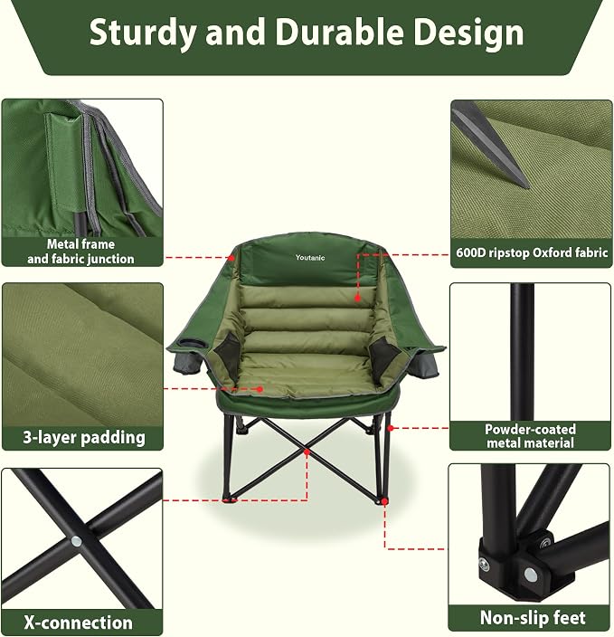 Youtanic Oversized Camping Chair, Portable Folding Camping Chairs with Side Pocket, Cup Holder and Carry Bag, Heavy Duty Outdoor Camping Chairs for Adults, Fishing, Sports, Trip, up to 400lbs, Style 2
