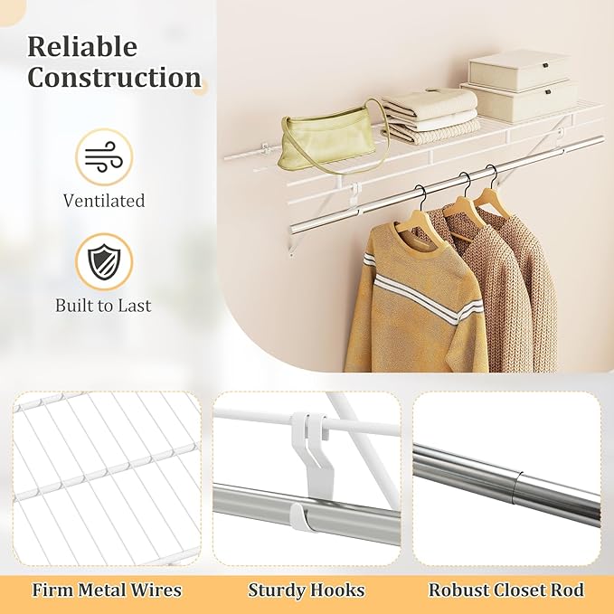 Giantex Closet Shelf with Hanging Rod, 4 ft Wall Mounted Wire Shelving Kit with Storage Shelf & Clothes Rod, Ventilated Metal Wall Shelf Organizer for Laundry Room, Closet, Bedroom, White