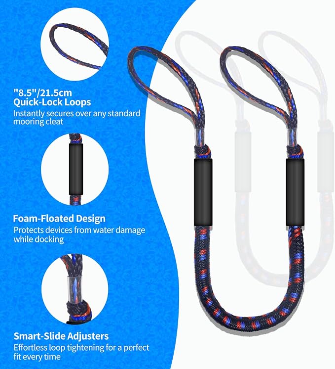 4-Pack Bungee Dock Lines for Boats with Loops, Boat Tie Downs for Docking, Adjustable Boat Mooring Rope for Pontoon, Jon Boat & PWC (Black, Blue & Red, 4 FT)