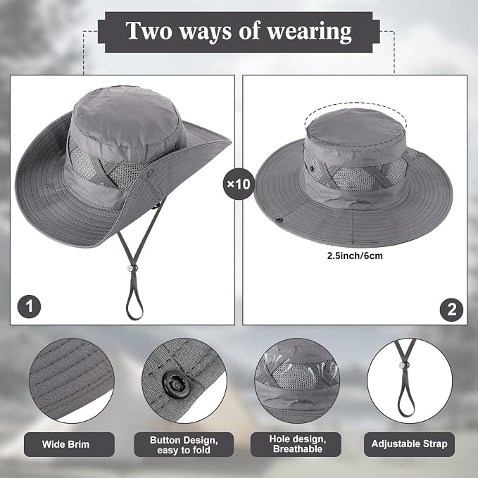 Xtinmee 10 Pcs Bucket Hat Bulk Safari Hat Wide Brim Boonie Hiking Fishing with Chin Strap for Women Men Adult Summer