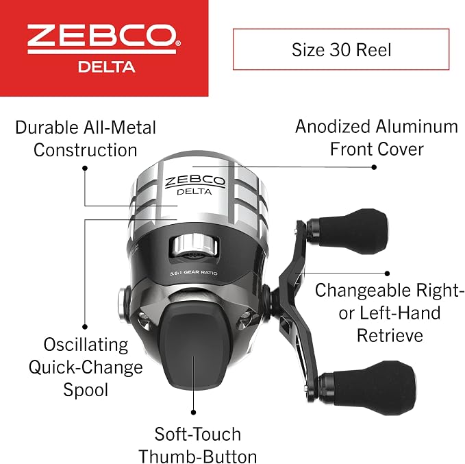 Zebco Delta Spincast Fishing Reel, Right or Left-Hand Retrieve, Dual Ceramic Pick-Up Pins, Pre-Spooled with Zebco Fishing Line, Braid Ready, Cool Gray