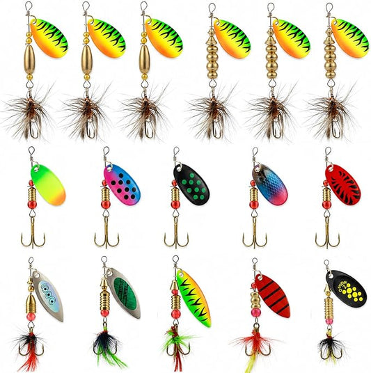 Fishing Spinner Lures Kit 10/15/16/20PCS, Inline Spinner Baits with Treble Hooks and Feather Tails, Metal Fishing Lures for Trout Bass Salmon Panfish, Multi-Color Freshwater Fishing Tackle Set