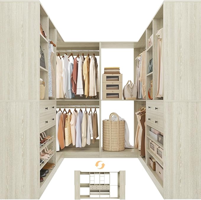 Closet System with 4 Drawers & Corner Tower, Closet Organizer System with 4 Hanging Robs, Reversible U Shaped Walk-in Closet System, Load 2600+LBS Capacity, Set of 4, Greige Oak
