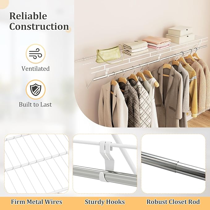 Giantex Closet Shelf with Hanging Rod, 6 ft Wall Mounted Wire Shelving Kit with Storage Shelf & Clothes Rod, Ventilated Metal Wall Shelf Organizer for Laundry Room, Closet, Bedroom, White