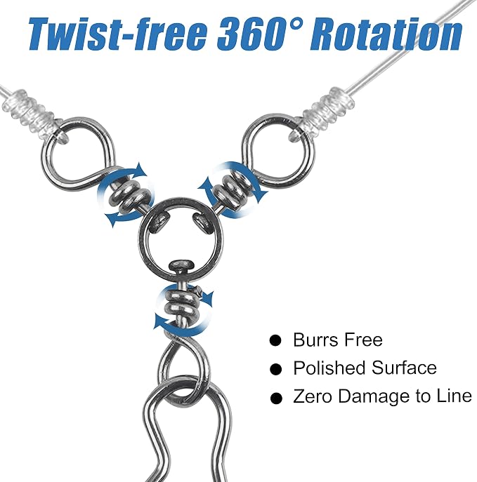 AGOOL Fishing 3 Way Swivel Snaps - 30pcs T-Turn Fishing Swivels Triple Swivels Cross Line Duo Lock Snap Swivels Fishing Lure Connectors Fishing Tackle for Trolling Catfish Rig Saltwater Freshwater