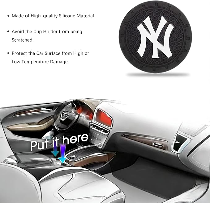 2 Pack Yankees Car Cup Holder, Non-Slip Cup Coasters for New York NY Baseball Fans Fashion car Interior Accessories,Decorative Car Cup Mat, Diameter 2.75 Inch