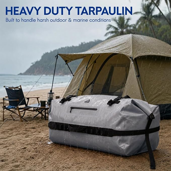 Haimont IPX7 Waterproof Roll-Top Dry Duffel Backpack | 60L/90L Sizes, 500D Tarpaulin, Welded Seams, Mesh Pockets, Boating & Kayaking